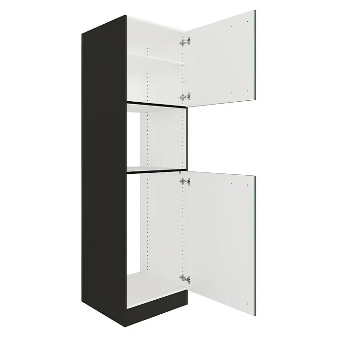 Optifit Verona405 Geräteumbauschrank - 60 x 60 x 206,8 cm, Steingrün, Mit 2 Türen für Mikrowelle und Kühlschrank - Dunkelgrauer Hochschrankkorpus mit zwei geöffneten weißen Türen, weißen Regalböden und offenem Mittelfach.