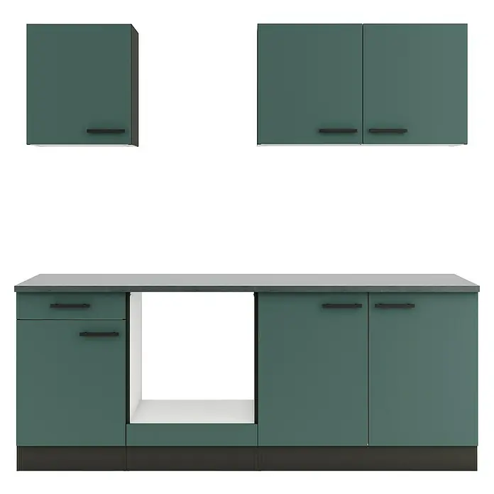 Optifit Verona405 Küchenleerblock Typ 2 - Breite: 210 cm, Steingrün, Ohne Elektrogeräte - Dunkelgrüne Küchenschränke mit grauer Arbeitsplatte, Ober- und Unterschränke mit schwarzen Griffen und offenem Fach.