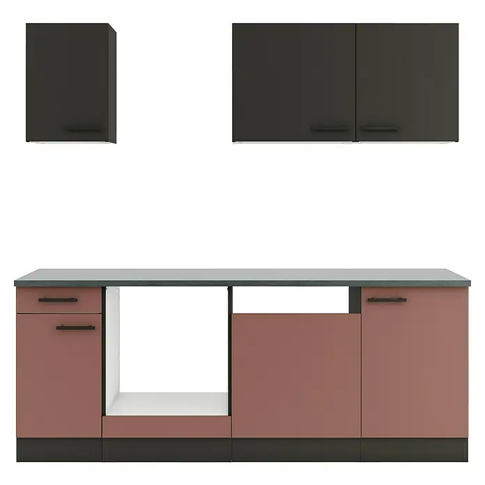 Optifit Madrid420 Küchenleerblock Typ 4 - Breite: 210 cm, Rostrot/Anthrazit, Ohne Elektrogeräte - Moderne Küchenschränke: dunkelgraue Hängeschränke und eine Unterschrankzeile mit dunkelgrauer Arbeitsplatte, braunrosa Türen und offenem weißem Regal.