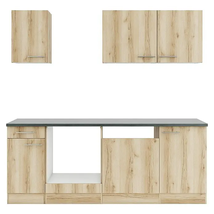Optifit Livorno290 Küchenleerblock Typ 4 - Breite: 210 cm, Wildeiche Nachbildung, Ohne Elektrogeräte - Helle Holzküche mit dunkelgrauer Arbeitsplatte, Ober- und Unterschränken und offenem Fach.