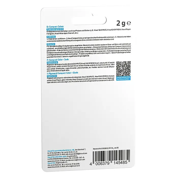 Knauf Putz-Abtönfarbe Compact Color - Jade, 2 g - Abbildung einer Knauf Compact Colors-Verpackung. Das Produkt ist für die Farbgebung von Putzen und Farben konzipiert.