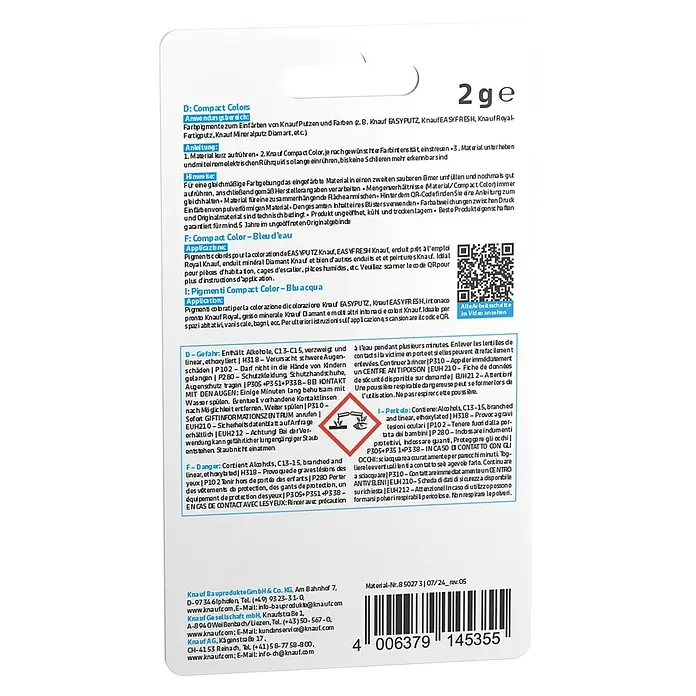 Knauf Putz-Abtönfarbe Compact Color - Wasserblau, 2 g - Rückseite der Knauf Compact Colors-Verpackung.