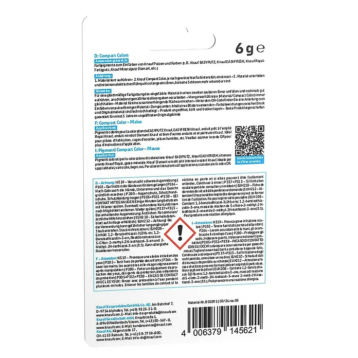Knauf Putz-Abtönfarbe Compact Color - Mauve, 6 g - Produktverpackung mit Warnhinweisen.