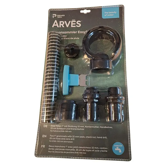 Regensammler EasyFix Comfort - Geeignet für: Fallrohre von Ø 80 bis 100 mm, Größe Anschluss: 1″ - Das Produkt ist ein Regenwasser-Sammelset von Premier Tech Arves, das für Fallrohre mit einem Durchmesser von 80-100 mm geeignet ist.