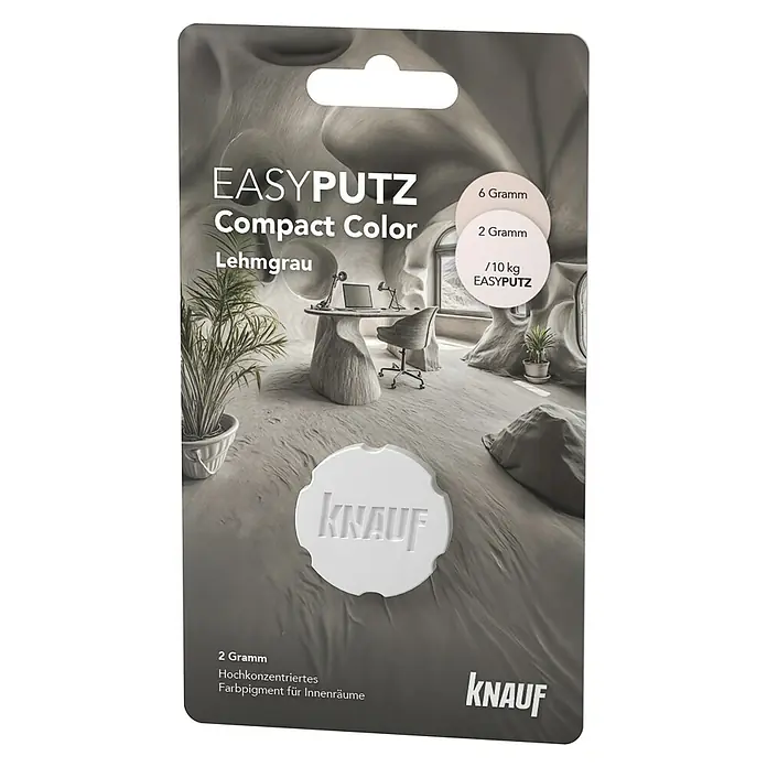 Knauf Putz-Abtönfarbe Compact Color - Lehmgrau, 2 g - Produktbild von EASYPUTZ Compact Color Lehmgrau Farbpigment, zur Anwendung in Innenräumen, mit Knauf Logo.