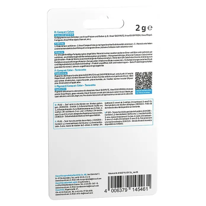 Knauf Putz-Abtönfarbe Compact Color - Terracotta, 2 g - Bild einer Knauf Compact Colors Terracotta-Packung, die Farbpigmente zur Farbgestaltung von Putzen und Farben enthält.