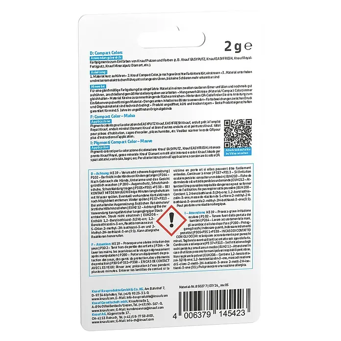 Knauf Putz-Abtönfarbe Compact Color - Mauve, 2 g - Detailansicht der Knauf Compact Colors Malva Pigmentverpackung mit Anwendungshinweisen und Warnhinweisen.