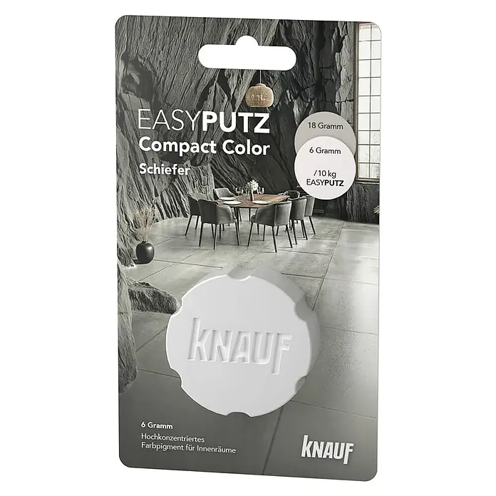 Knauf Putz-Abtönfarbe Compact Color - Schiefer, 6 g - Das Bild zeigt eine Packung Easyputz Compact Color Schiefer, ein hochkonzentriertes Farbpigment für Innenräume von Knauf, ideal für individuelle Farbgestaltung.