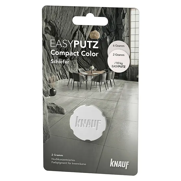 Knauf Putz-Abtönfarbe Compact Color - Schiefer, 2 g - Produktbild von EASYPUTZ Compact Color Schiefer, einem hochkonzentrierten Farbpigment für Innenräume, erhältlich in 2 Gramm und 6 Gramm Packungen.