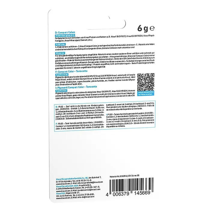 Knauf Putz-Abtönfarbe Compact Color - Terracotta, 6 g - Nahaufnahme der Verpackungsrückseite von Knauf Compact Colors Terracotta Farbpigmenten mit Anwendungs- und Sicherheitshinweisen.