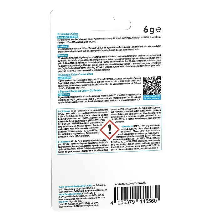 Knauf Putz-Abtönfarbe Compact Color - Sonnengelb, 6 g - Knauf Compact Colors Farbpigmente zum Einfärben von Putzen und Farben in einer 6 g Tube.