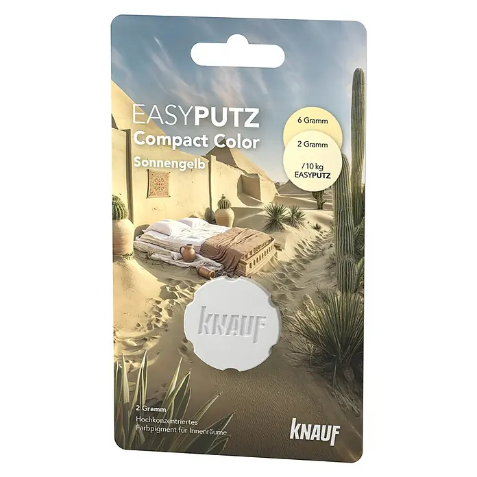 Knauf Putz-Abtönfarbe Compact Color - Sonnengelb, 2 g - Produktverpackung von Easyputz Compact Color Sonnengelb, einem hochkonzentrierten Farbpigment für Innenräume mit Wüstenmotiv.