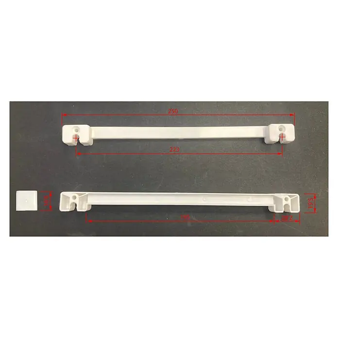 Regleta para escurreplatos - Largo: 252 mm, Blanco, 2 ud. - Imagen del producto de un soporte de ventana blanco con dimensiones de 250 mm de largo y 19,5 mm de altura para la identificación del producto.