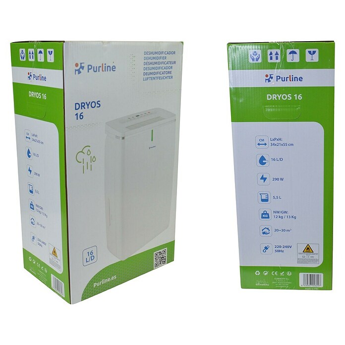 Purline Elektro-Luftentfeuchter Dryos 16 (240 W, Entfeuchtungsleistung: 16 l/Tag, L x B x H: 21 x 34 x 55 cm, Weiß) | BAUHAUS