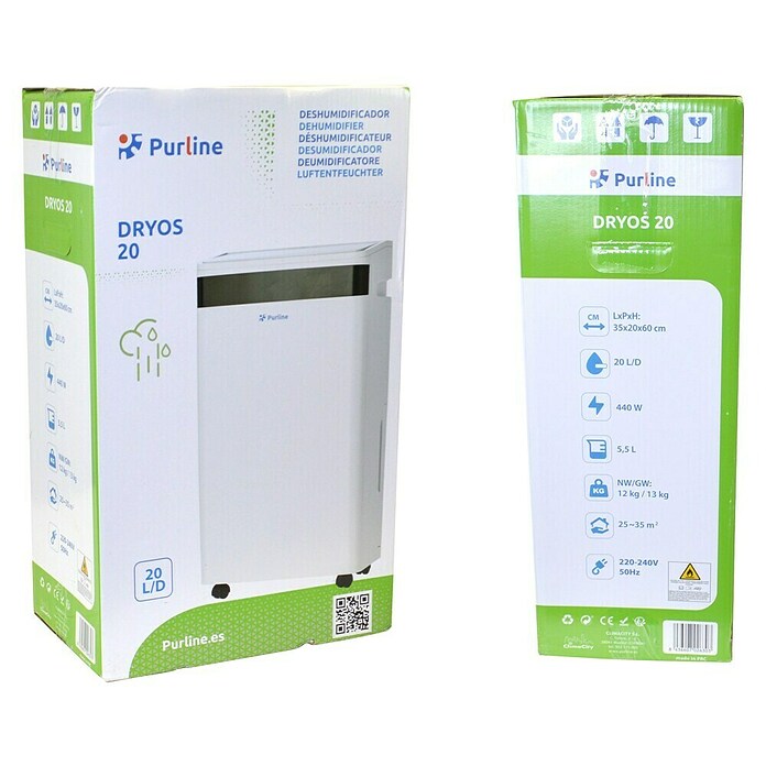 Purline Elektro-Luftentfeuchter Dryos 20 (440 W, Entfeuchtungsleistung: 20 l/Tag, L x B x H: 35 x 20 x 60 cm, Weiß) | BAUHAUS