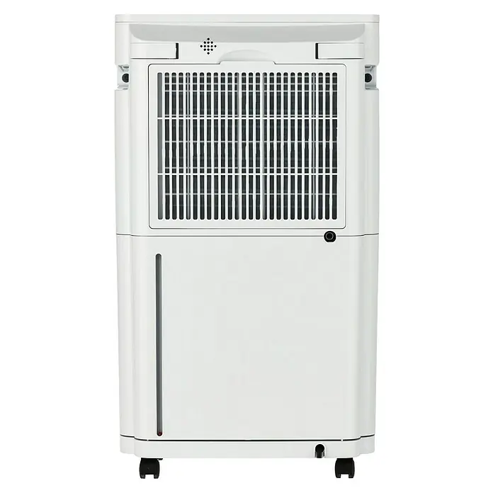 Purline Deshumidificador eléctrico Dryos 20 - 440 W, Potencia de deshumidificación: 20 l/día, L x An x Al: 35 x 20 x 60 cm, Blanco - Imagen de un deshumidificador blanco con rejilla de ventilación e indicador de nivel de agua, diseñado para un ambiente interior confortable.