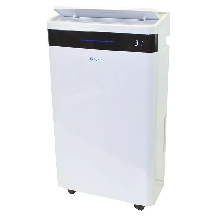 Purline Deshumidificador eléctrico Dryos 20 - 440 W, Potencia de deshumidificación: 20 l/día, L x An x Al: 35 x 20 x 60 cm, Blanco - Deshumidificador Purline blanco con pantalla digital y salida de aire superior.