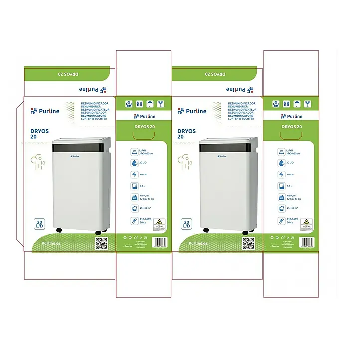 Purline Elektro-Luftentfeuchter Dryos 20 - 440 W, Entfeuchtungsleistung: 20 l/Tag, L x B x H: 35 x 20 x 60 cm, Weiß - Grün-weißes Verpackungsdesign für einen 'Purline DRYOS 20' Luftentfeuchter, zeigt Produktmerkmale und Gerät.
