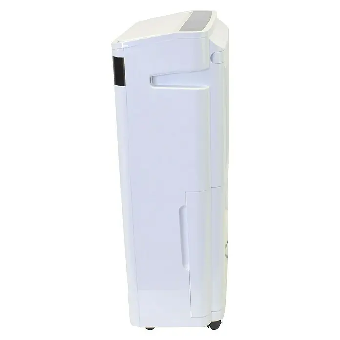 Purline Elektro-Luftentfeuchter Dryos 20 - 440 W, Entfeuchtungsleistung: 20 l/Tag, L x B x H: 35 x 20 x 60 cm, Weiß - Seitenansicht eines weißen Luftentfeuchters mit Griff und Wasserbehälteröffnung, ideal für ein sauberes und trockenes Zuhause.