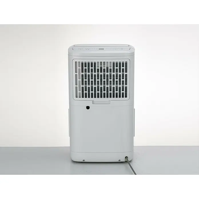 Purline Deshumidificador eléctrico Dryos 12 - 250 W, Potencia de deshumidificación: 12 l/día, L x An x Al: 19 x 28 x 48 cm, Blanco - Un primer plano de la parte posterior de un deshumidificador blanco, que muestra una rejilla y controles en la parte superior.