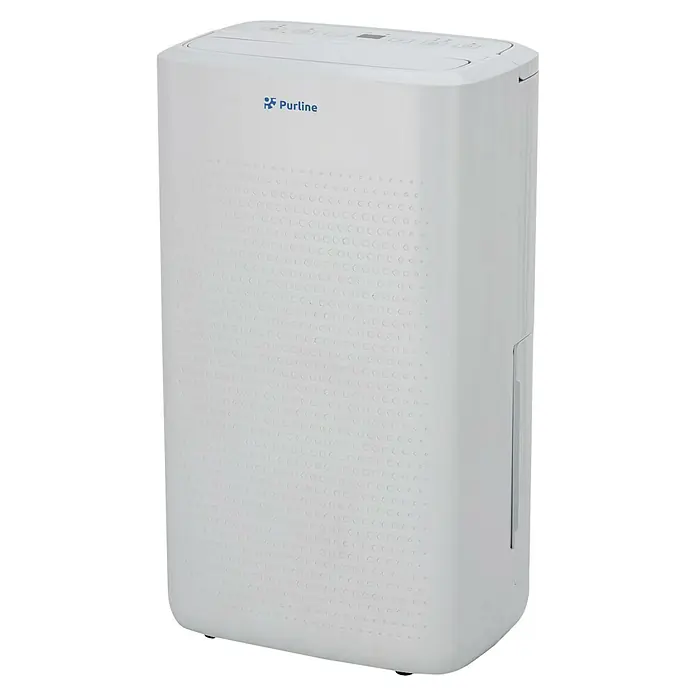 Purline Elektro-Luftentfeuchter Dryos 12 - 250 W, Entfeuchtungsleistung: 12 l/Tag, L x B x H: 19 x 28 x 48 cm, Weiß - Weißer Purline Luftentfeuchter mit Bedienfeld oben und Luftentfeuchtungslöchern.