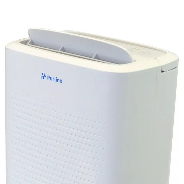 Purline Deshumidificador eléctrico Dryos 12 - 250 W, Potencia de deshumidificación: 12 l/día, L x An x Al: 19 x 28 x 48 cm, Blanco - Primer plano de un purificador de aire Purlin, que promete aire limpio y un clima interior más saludable, distinguido por su eficiente sistema de filtración.