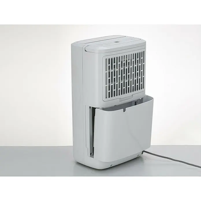 Purline Elektro-Luftentfeuchter Dryos 12 - 250 W, Entfeuchtungsleistung: 12 l/Tag, L x B x H: 19 x 28 x 48 cm, Weiß - Ein kompakter, weißer Luftentfeuchter mit herausnehmbarem Wasserbehälter steht auf einer ebenen Fläche. Das Gerät ist sauber und modern.