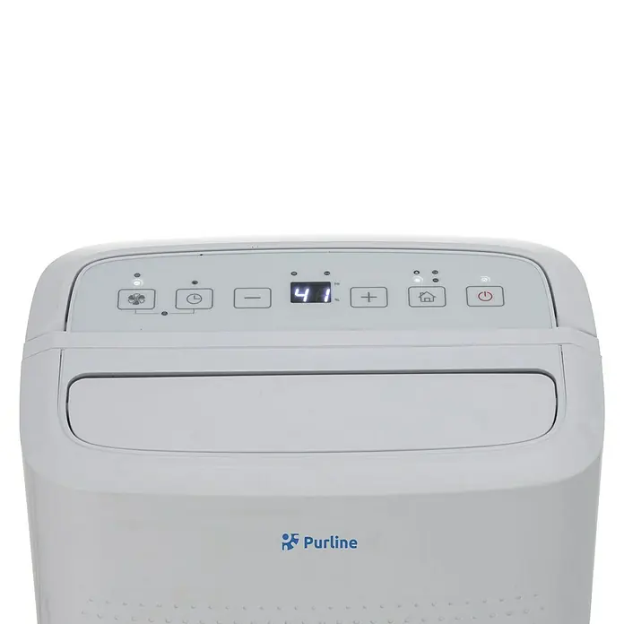 Purline Elektro-Luftentfeuchter Dryos 12 - 250 W, Entfeuchtungsleistung: 12 l/Tag, L x B x H: 19 x 28 x 48 cm, Weiß - Weißer tragbarer Luftentfeuchter mit Digitalanzeige '41%' und Bedienfeld mit verschiedenen Tasten.