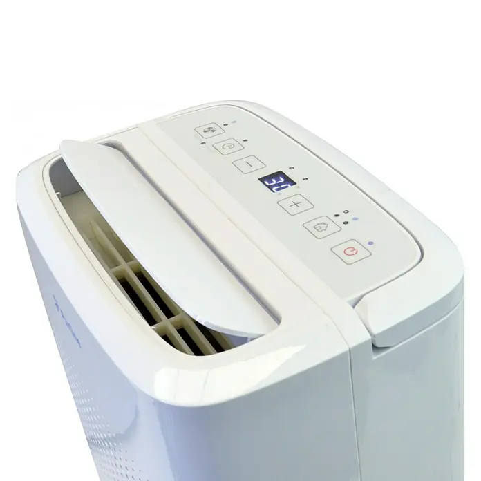 Purline Deshumidificador eléctrico Dryos 12 - 250 W, Potencia de deshumidificación: 12 l/día, L x An x Al: 19 x 28 x 48 cm, Blanco - Primer plano de un deshumidificador blanco moderno con pantalla digital y panel de control en la superficie superior.