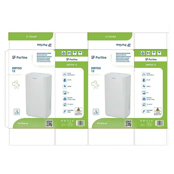 Purline Elektro-Luftentfeuchter Dryos 12 - 250 W, Entfeuchtungsleistung: 12 l/Tag, L x B x H: 19 x 28 x 48 cm, Weiß - Weißer Purline DRYOS 12 Luftentfeuchter in seiner Verpackung, der Design und Spezifikationen zeigt.