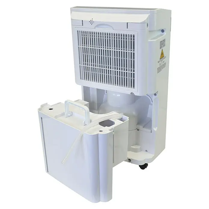 Purline Elektro-Luftentfeuchter Dryos 20 - 440 W, Entfeuchtungsleistung: 20 l/Tag, L x B x H: 35 x 20 x 60 cm, Weiß - Nahaufnahme eines weißen Luftentfeuchters mit herausgezogenem Wassertank. Das Gerät steht vor einem schwarzen Hintergrund.