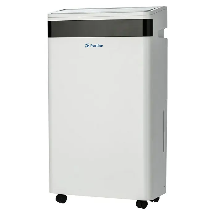 Purline Deshumidificador eléctrico Dryos 20 - 440 W, Potencia de deshumidificación: 20 l/día, L x An x Al: 35 x 20 x 60 cm, Blanco - Imagen de un deshumidificador Purline. El aparato es blanco y tiene un diseño elegante y moderno, con ruedas para facilitar el transporte.