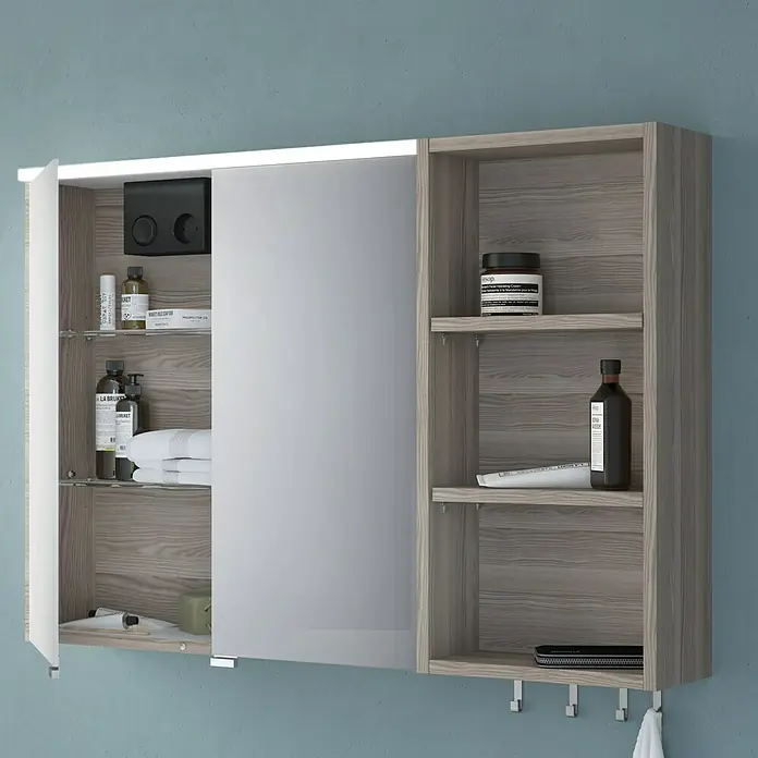 Camargue LED-Spiegelschrank Cube/LoftB x H: 90 x 62 cm, Mit Beleuchtung, Eiche Cordoba - Ein moderner Badezimmerschrank mit Spiegel, Ablageflächen und Haken, ideal für die Aufbewahrung von Badutensilien und Handtüchern.