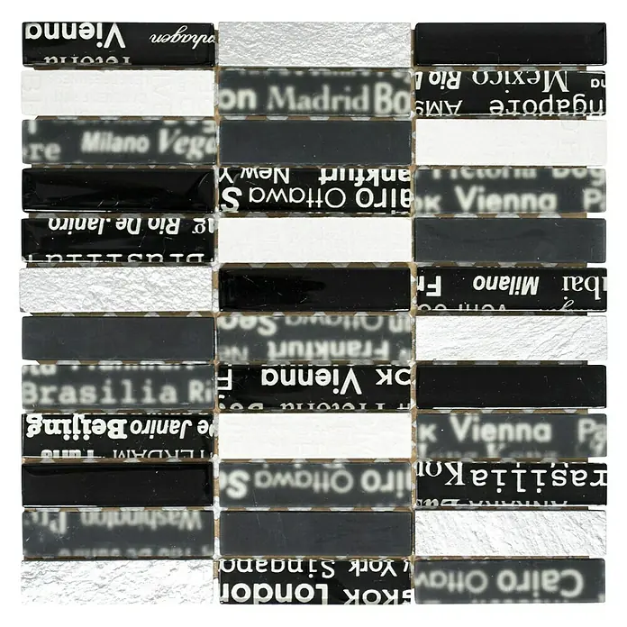 Mosaikfliese Rechteck Crystal Mix CITY 39 - 30 x 30 cm, Schwarz, Matt - Das Bild zeigt eine Mosaikfliese mit Städtenamen in Schwarz und Weiß, ideal für ein modernes Interior Design.