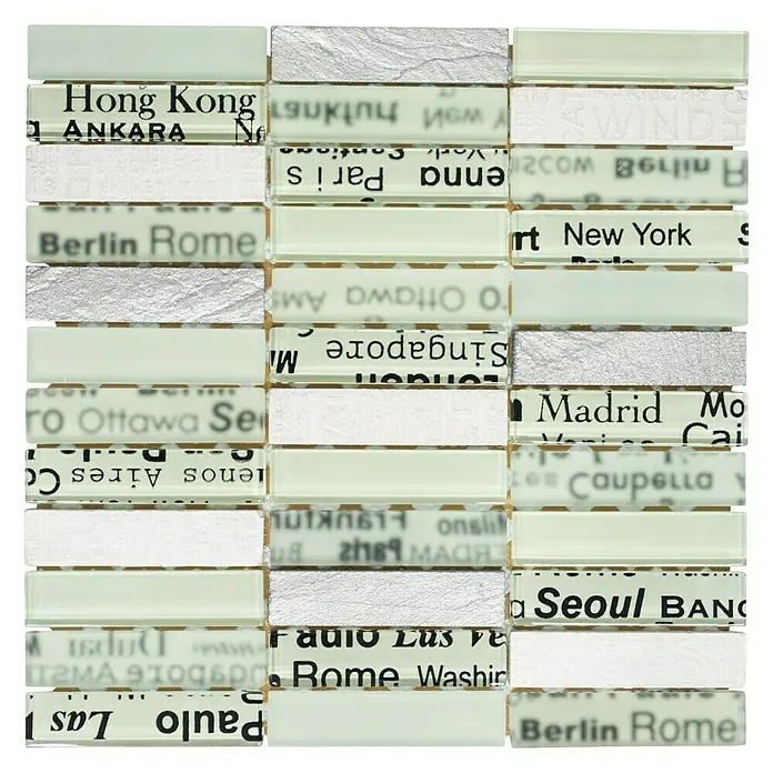 Mosaikfliese Rechteck Crystal Mix CITY 19 - 30 x 30 cm, Weiß, Matt - Eine Nahaufnahme von Mosaikfliesen, die mit Stadtnamen wie Hongkong, Berlin, Rom und Seoul bedruckt sind.