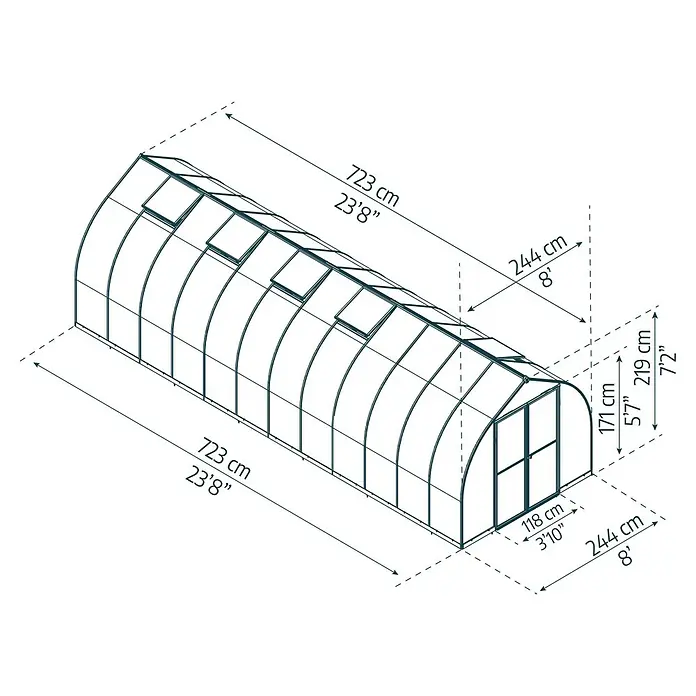 Palram – Canopia Gewächshaus Bella - Außenmaß inkl. Dachüberstand (B x T): 244 x 723 cm, 6 mm, Silber - Umrisszeichnung eines Tunnelgewächshauses mit Dachlüftern, zeigt Längen-, Breiten- und Höhenmaße.