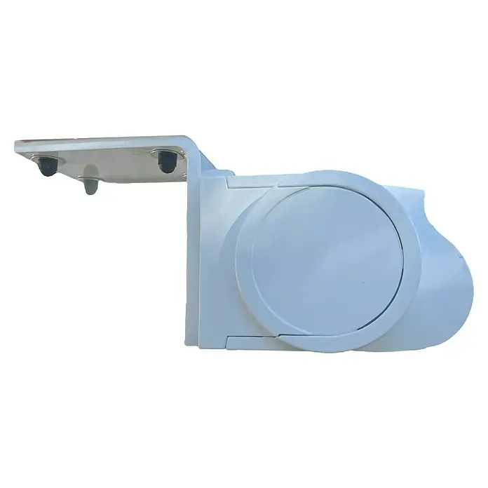 Deckenadapter ALT-ET-DA - 175 x 130 x 175 mm, Verkehrsweiß, Passend für: Sunfun Vollkassettenmarkisen Elba - Nahaufnahme einer weißen Überwachungskamera mit zwei Objektiven und einem runden Gehäuse für den Außenbereich.