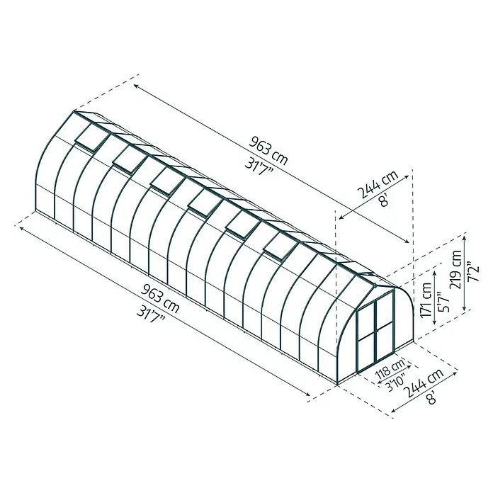 Palram – Canopia Gewächshaus Bella - Außenmaß inkl. Dachüberstand (B x T): 244 x 963 cm, 6 mm, Silber - Tunnelgewächshaus, 963x244 cm (31'7"x8'), 219 cm (7'2") hoch, mit Lüftungsfenstern und Tür.