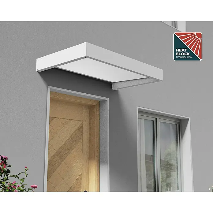 Palram – Canopia Pultvordach Sophia - 160 x 95 x 17 cm, Weiß, Farbe Dach: Opal - Weiße Markise mit Heat Block Technology Logo über einer Holztür installiert.
