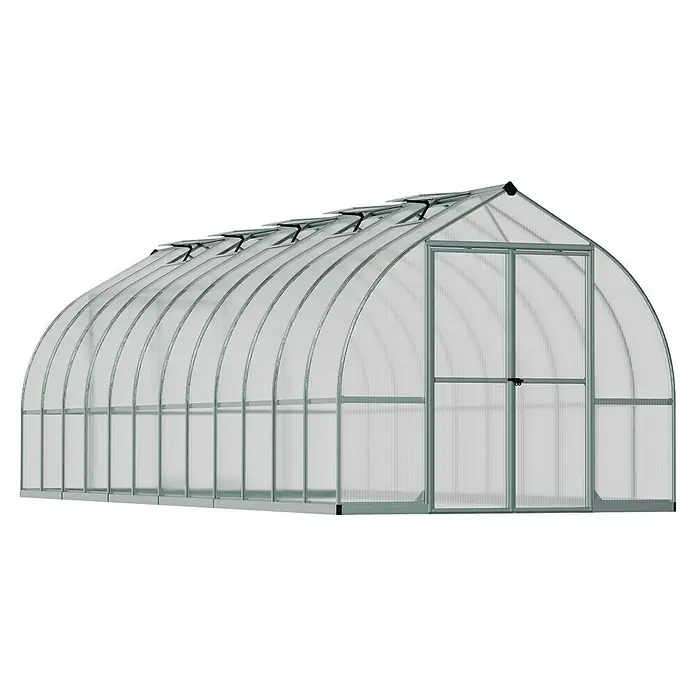 Palram – Canopia Gewächshaus Bella - Außenmaß inkl. Dachüberstand (B x T): 244 x 723 cm, 6 mm, Silber - Gewölbtes Polycarbonat-Gewächshaus mit silbernem Rahmen, Dachlüftung und Doppeltür.