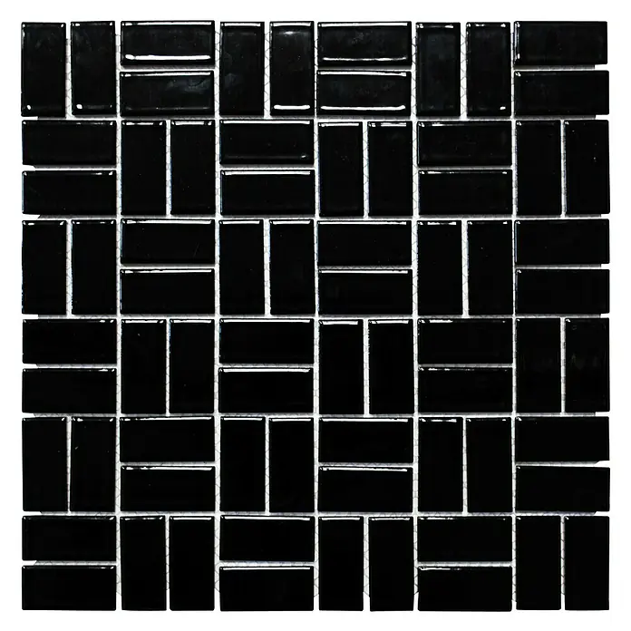 Mosaikfliese Windmühle Uni CWM 8BG - 29,8 x 29,8 cm, Schwarz, Glänzend - Schwarze rechteckige Mosaikfliesen mit weißen Fugen für ein modernes und stilvolles Design in jedem Raum.