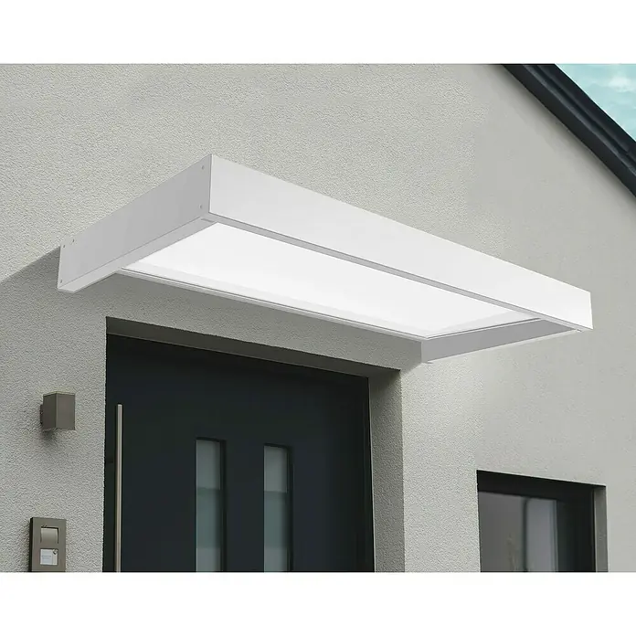 Palram – Canopia Pultvordach Sophia - 215 x 95 x 17 cm, Weiß, Farbe Dach: Opal - Moderne Haustürvordach mit einem klaren, minimalistischen Design. Die weiße Überdachung bietet Schutz und fügt sich nahtlos in die Fassade ein.