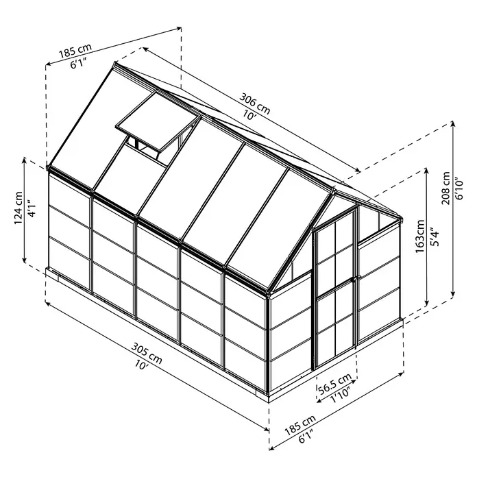 Palram – Canopia Gewächshaus Hybrid - Außenmaß inkl. Dachüberstand (B x T): 185 x 306 cm, 0,7 mm, Anthrazit - Eine Abbildung eines Gewächshauses mit Maßangaben in Zentimetern und Fuß, das die Abmessungen und das Design des Produkts hervorhebt.