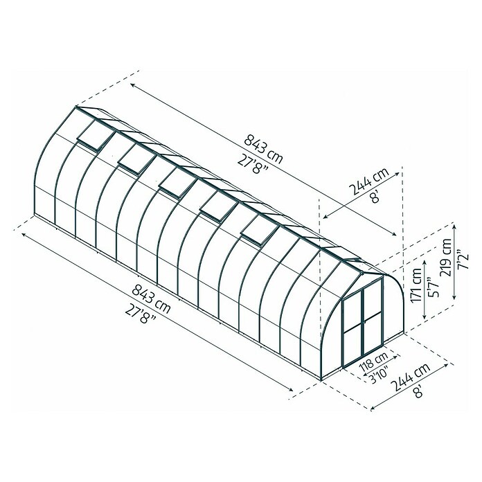Palram – Canopia Gewächshaus Bella (Außenmaß inkl. Dachüberstand (B x T): 244 x 843 cm, 6 mm, Silber) | BAUHAUS