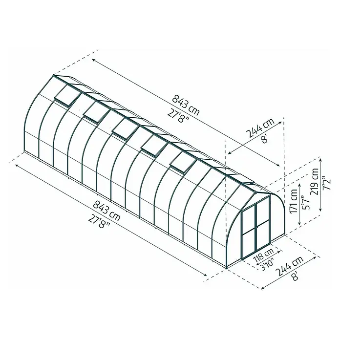 Palram – Canopia Gewächshaus Bella - Außenmaß inkl. Dachüberstand (B x T): 244 x 843 cm, 6 mm, Silber - Maßzeichnung eines bogenförmigen Gewächshauses mit mehreren Dachlüftungen, das Länge, Breite und Höhe zeigt.