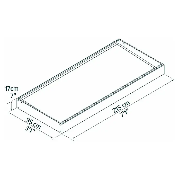 Palram – Canopia Pultvordach Sophia - 215 x 95 x 17 cm, Weiß, Farbe Dach: Opal - Rechteckiger Holzrahmen in isometrischer Ansicht, Maße 215x95x17 cm.