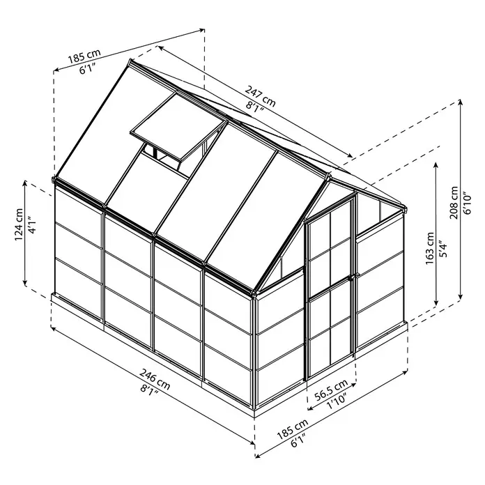 Palram – Canopia Gewächshaus Hybrid - Außenmaß inkl. Dachüberstand (B x T): 185 x 246 cm, 0,7 mm, Anthrazit - Eine perspektivische Zeichnung eines Gewächshauses mit Maßangaben in Zentimetern und Fuß.