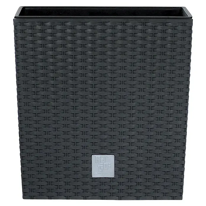Pflanztopf Rato Low - Außenmaß (L x B x H): 32 x 32 x 32,5 cm, Kunststoff, Anthrazit - Schwarzer, rechteckiger Pflanzkasten mit geflochtener Optik und einem dezenten Logo. Ideal für den Innen- und Außenbereich.