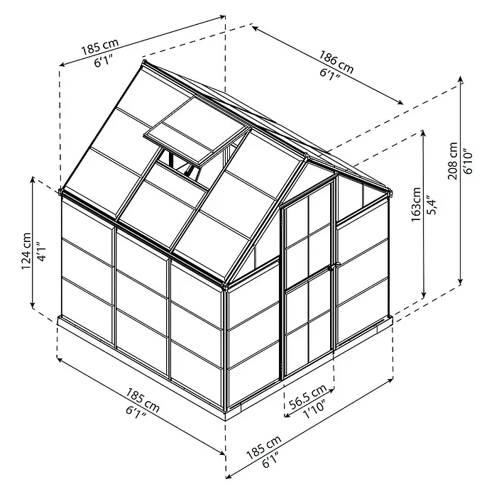 Palram – Canopia Gewächshaus Harmony - Außenmaß inkl. Dachüberstand (B x T): 185 x 186 cm, Grün, Grundfläche: 3,5 m² - Abbildung eines Gewächshauses mit Maßangaben. Das Gewächshaus ist aus Glas und Metall gefertigt und hat ein Spitzdach.