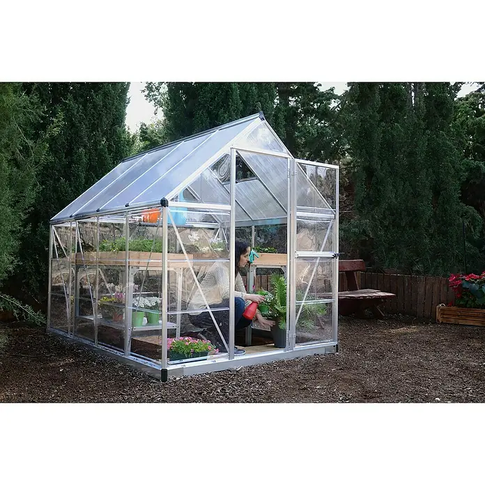 Palram – Canopia Gewächshaus Hybrid - Außenmaß inkl. Dachüberstand (B x T): 185 x 248 cm, Silber, Grundfläche: 4,6 m² - Eine Frau bewässert eine Pflanze in einem Gewächshaus. Das Gewächshaus ist mit Regalen und verschiedenen Pflanzen gefüllt.